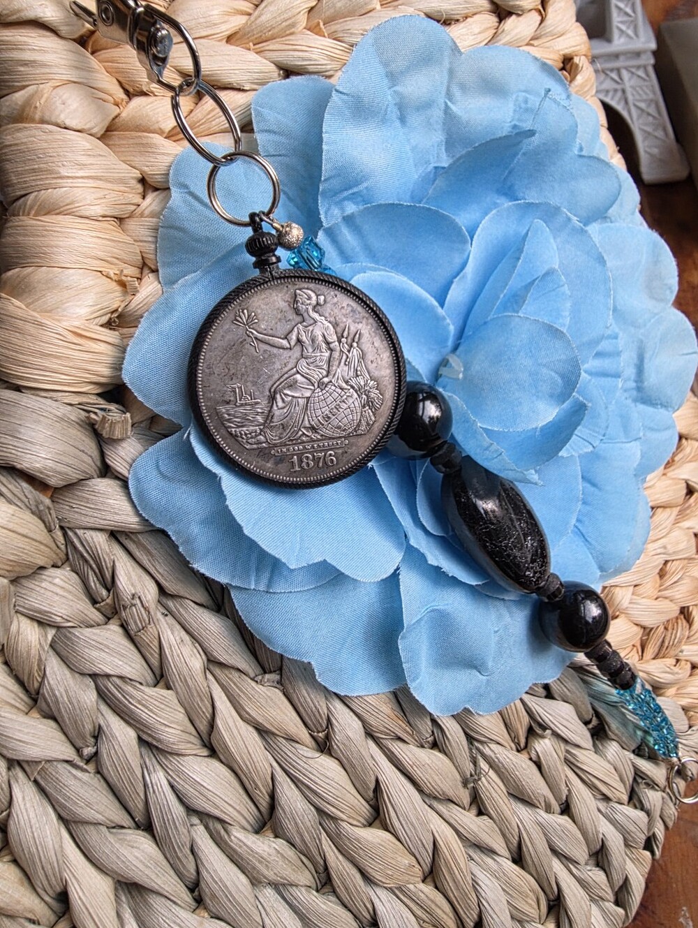 OOAK Liberty Coin,Lava Rock Bead & Labradorite Bag Charm